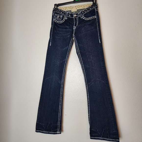 LA Idol Vintage Rhinestone Jeans Horse Shoe Pocket Long Womens Jeans - Picture 2 of 14